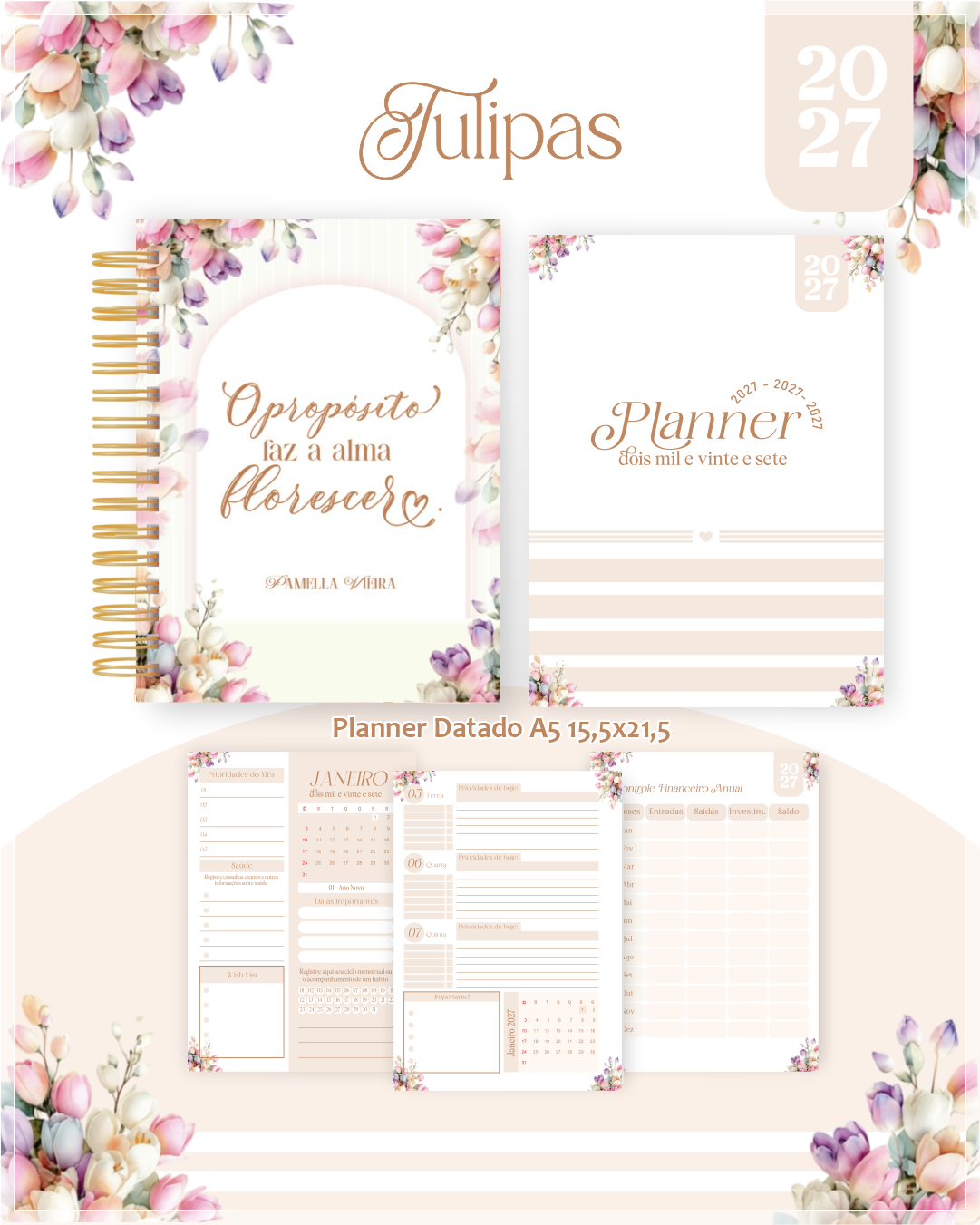 Encadernação Agenda , Bloquinho , Calendário E Planner Tulipas
