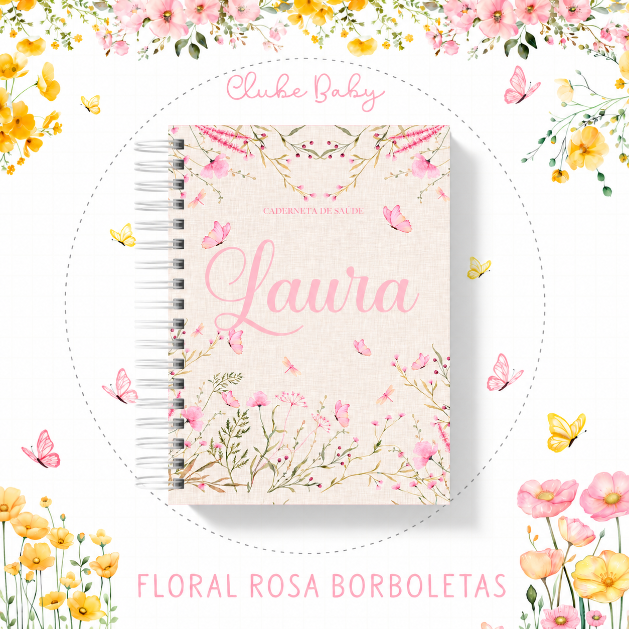 Encadernação Caderneta Floral Rosa Borboletas