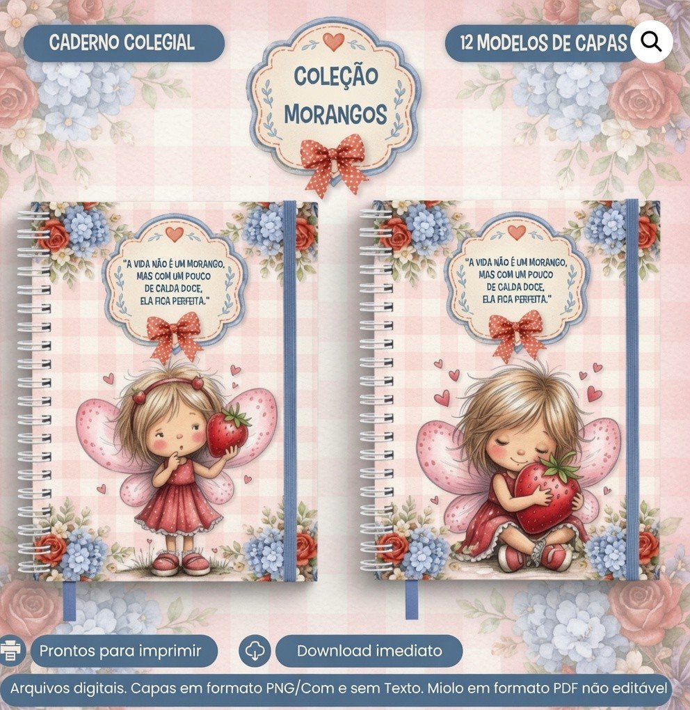 Encadernação Caderno Colegial Coleção Morangos