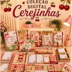 Encadernação Coleção Cerejinha (Brochurrinha A6, Card, Capas, Chaveiro Post It, Marca Pagina, Planner E Chaveiro Bottons)