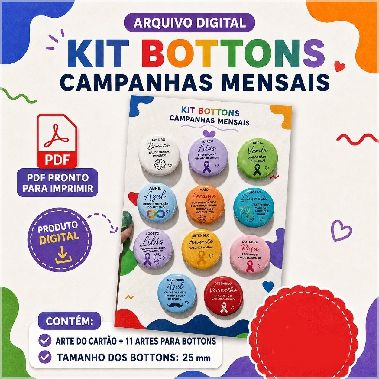 Arquivo De Corte Bottons 25mm Combo Agosto Lilás Setembro Amarelo Outubro Rosa Novembro Azul Janeiro Branco Dezembro Vermelho Abril Verde 1
