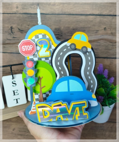 Arquivo De Corte Topo De Bolo Carrinhos Vela Cenário 2