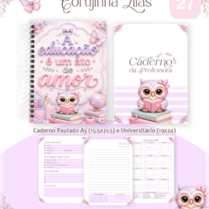Encadernação Professores Corujinha Lilás (Agenda, Bloco, Cadernos, Caneca, Marca Pag, Notepad E Planner)
