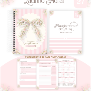 Encadernação Professores Lacinho Floral (Agenda, Bloco, Cadernos, Caneca, Marca Pag, Notepad E Planner)