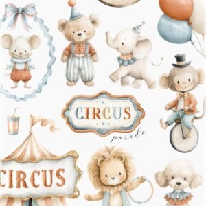 Kit Digital Animais Circo Aquarelado Tiny Circus Parade 1