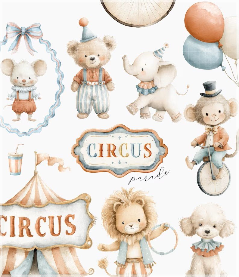 Kit Digital Animais Circo Aquarelado Tiny Circus Parade 1