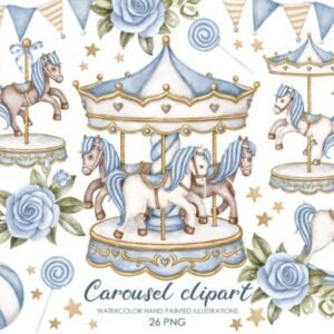 Kit Digital Carrossel Azul Com Cavalinhos 5