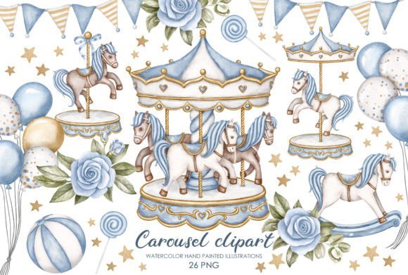 Kit Digital Carrossel Azul Com Cavalinhos 5