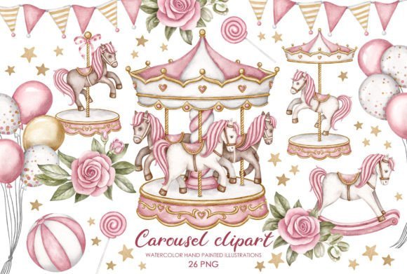 Kit Digital Carrossel Rosa Com Cavalinhos 7