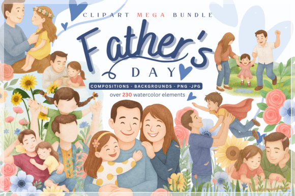 Kit Digital Super Pack 230 Imagens Dia Dos Pais Aquarelado