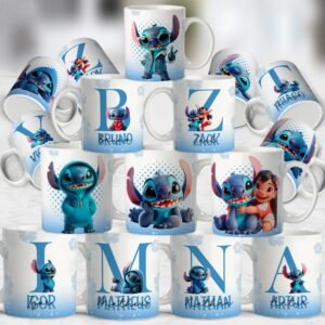 Sublimação Caneca Alfabeto Stitch Azul